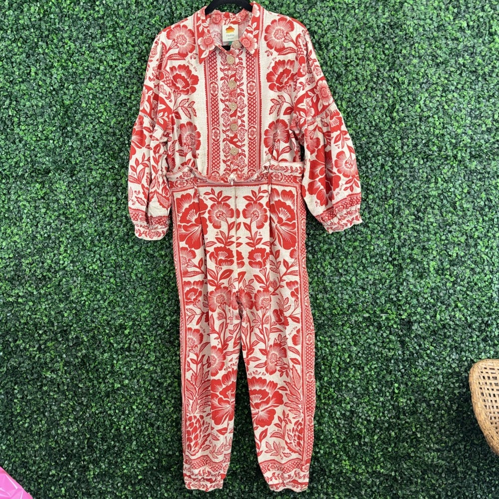 Farm Rio Womens Floral Jumpsuit Romper Long Sleeve L Red White MISSING BELT - Picture 1 of 4
